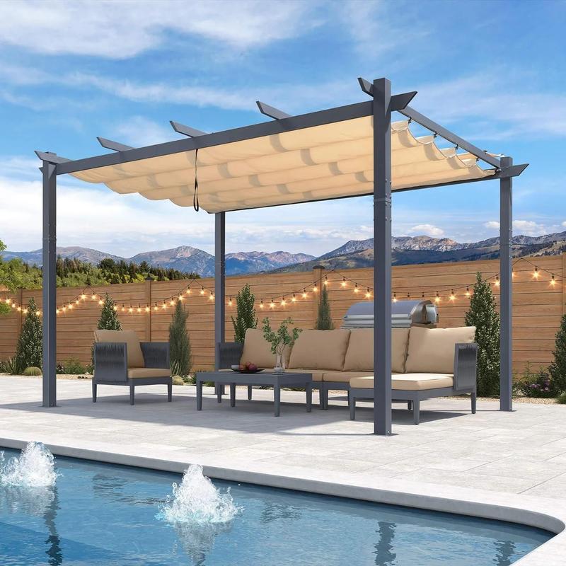 PURPLE LEAF 10'x13' Patio Retractable Pergola with Shade Canopy Modern Grill Gazebo Metal Shelter Pavilion for Porch Deck Garden Backyard Outdoor Pergola, Gray