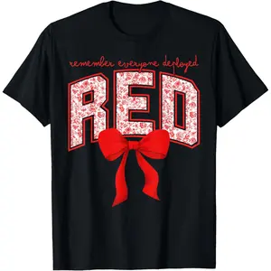 100% Cotton Remember Everyone Deployed RED Bow Toile Military Girls T-Shirt
