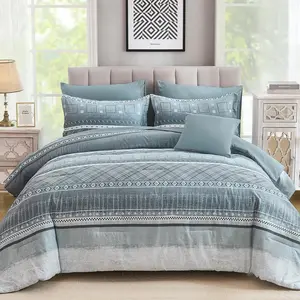 8 count  Size Comforter Set, Blue Striped Bed in a Bag Comforter and Sheet Set, Boho Lightweight Microfiber  Set for  Season (90"x90")