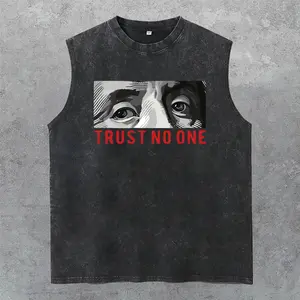 Trust No One Washed Tank Top, Gym Essential, Vintage Casual Crewneck Short Sleeves Menswear T-shirts Classic Cotton Fabric Streetwear