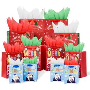 12Pack Christmas Gift Bags Assorted Sizes With Tissue paper(12 Bags: 4 Small 6", 4 Medium 9", 4 Large 13") for Friends, Family, Teachers, Coworkers, Christmas Gift Bag Assorted Sizes Bulk Set