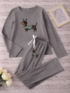 Women's Long Sleeve Pajama Set, Cartoon Christmas Sausage Dog Print Sleepwear, Fitted Casual Spring & Fall Loungewear, Snug Fit Pajamas