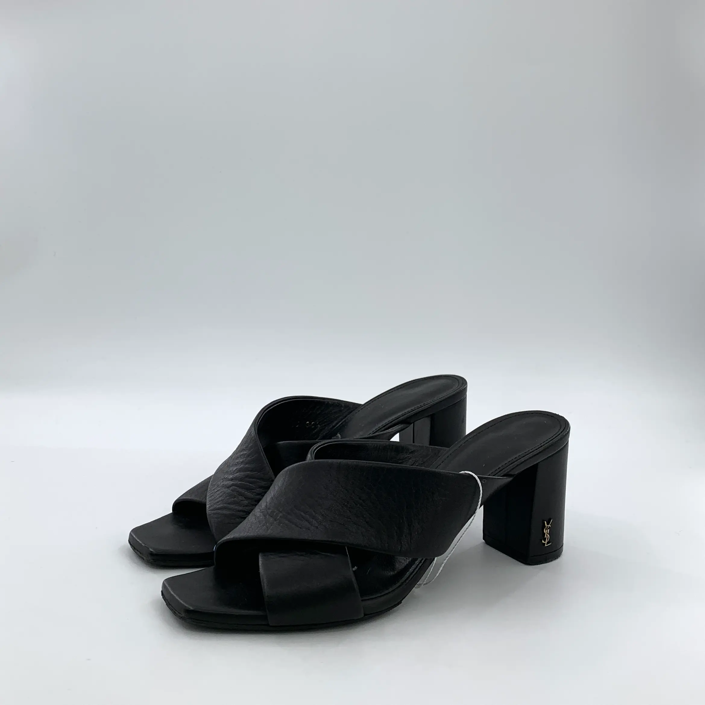 RDLT-YSL Saint Laurent Black Cross Strap Block Heel Slide Sandals Size 38.5-J37095