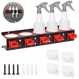 Leather Spray Bottle Storage Rack Set - Steel-Plastic Tool Holder with Hanging Rail, Self-Adhesive Circle Hooks for Easy Installation, Home & Garage Organizer for Car Beauty Shops