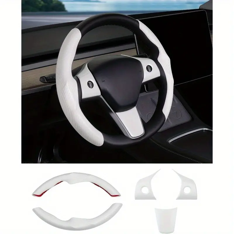 Durable Carbon Fiber Steering Wheel Trim Kit 2PCS/5PCS for Tesla Model 3/Y, Easy-to-Install Anti-Slip Decorative Stickers, Premium White EV Interior Accessories, Scratch-Resistant and Wear-Resistant