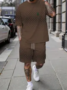 Men's Spring and Summer Casual Short-Sleeve Set, Diamond Plaid B-Character Print Trendy Fashion Short-Sleeve Set, Vacation Style Trendy Outfit, Breathable Sporty Casual Style, Perfect Festival Gift for Men
