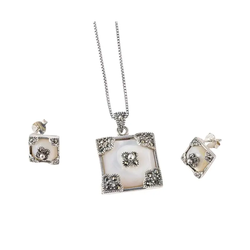 Vintage 925 Sterling Silver Marcasite Square Pendant & Necklace Set - 1mm Chain (16in, 18in, 20in), Black White Accents, Retro Elegant Fashion Antique-Inspired Detailed Adult Gifting Jewelry with Center Stone, Multi-Size, Adults, 16 Inches