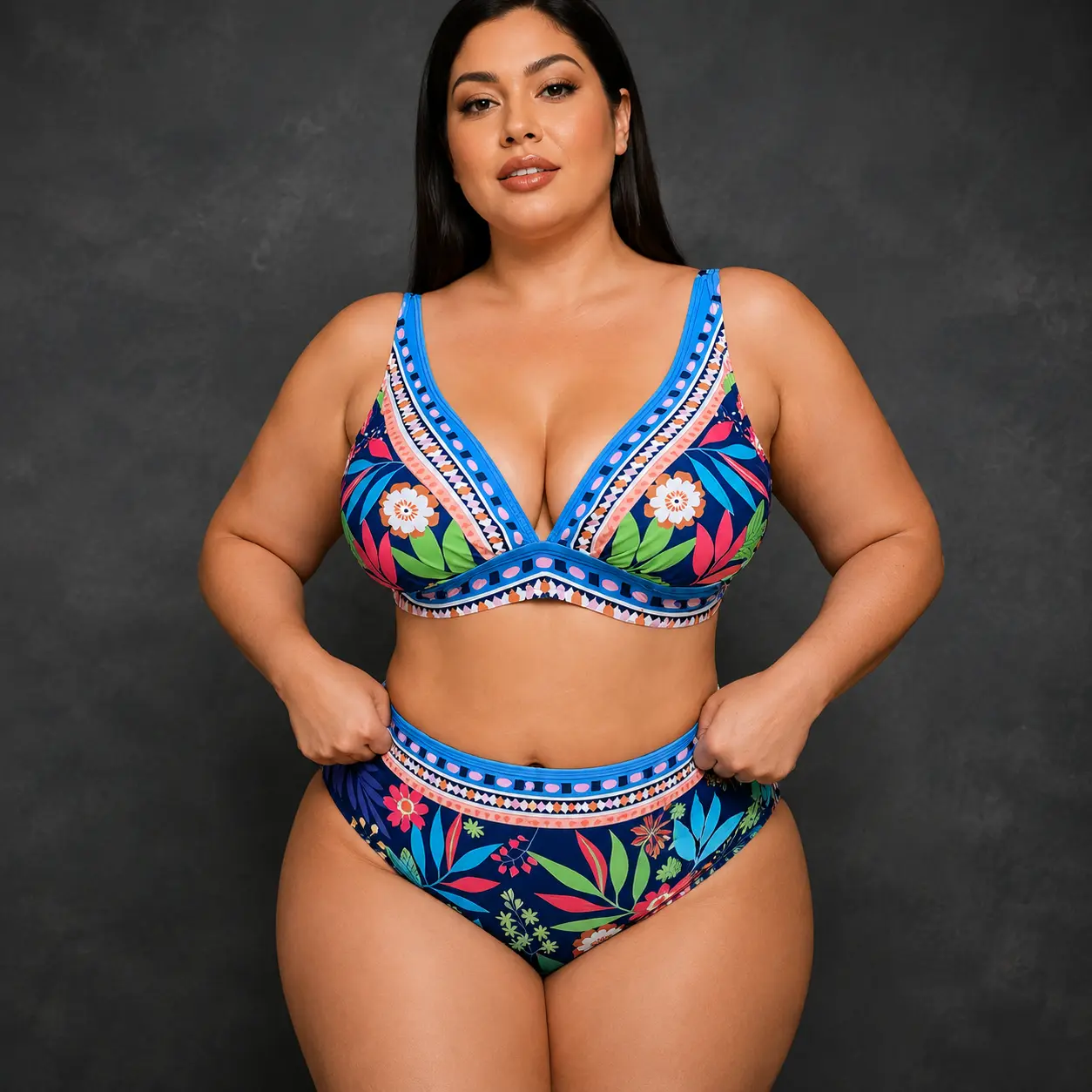 Plus Size Floral Bikini Set for Women High Waisted Two Piece Swimsuit Deep V Neck Tropical Print Swimwear Open Back Back Tie Bikini Top Matching Bottom Blue Resort Vacation Beach Pool