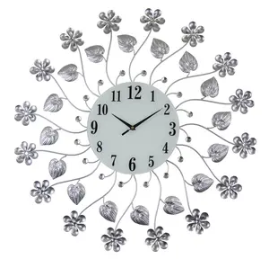 Large Round Wall Clock Openwork Metal with Flower Floral Detail and Clear Crystals in Silver