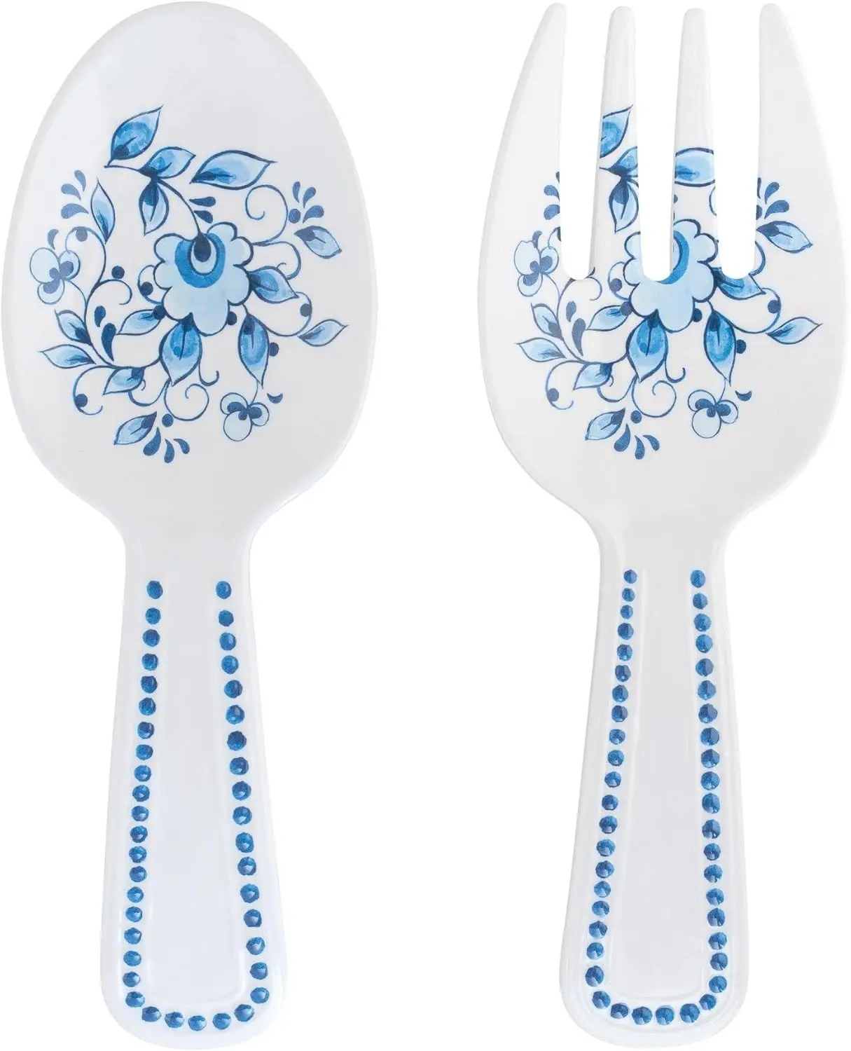 Blue and White Floral Melamine Salad Servers, Serving Utensil Set, Includes Serving Fork and Spoon for Tossing Salad, Pasta, Blue, White, 10.75 Inch, Set of 2