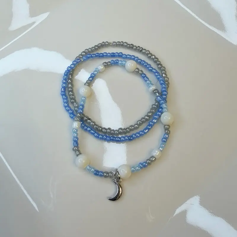 Blue and Grey Seed Bead Bracelet Set of 3 with Moon Charm | Glass Beaded Stackable Bracelets | Minimalist Layering Bracelets | Size Small 6