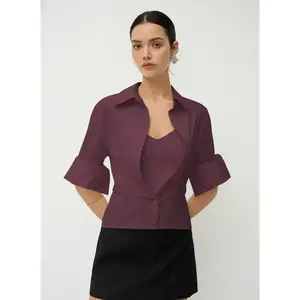 Cotton Collar Mid-length Sleeve Shirt with Cami Top