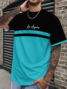 Men's Letter Stripe Printed Fitted T-Shirt Round Neck Short Sleeve, Summer Casual Fashion Tee, Trendy Streetwear for Daily