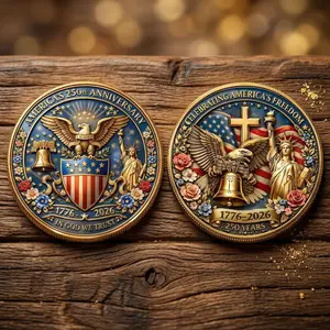 America 250th Anniversary Floral Coin, Christian Cross Statue of Liberty 1776-2026 Challenge Coin, In God We Trust Patriotic Women's Gift