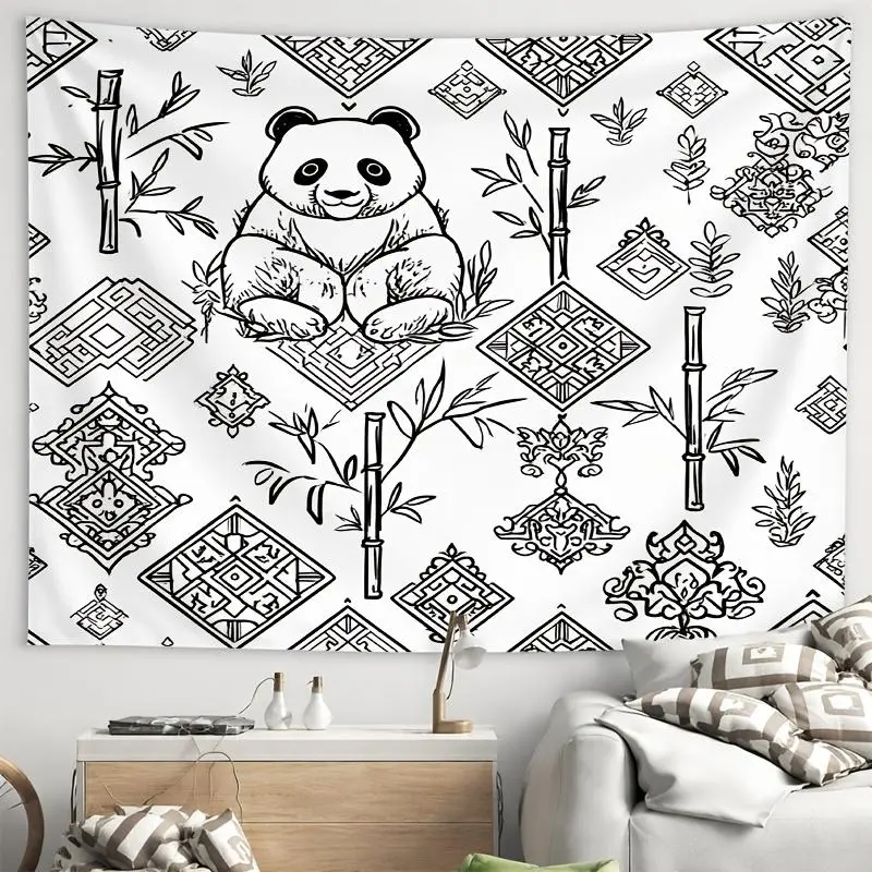 2D Flat - 2D Flat - A 2D Flat Tapestry Featuring a Black And White Line-Drawn Panda in a Seated Position, Surrounded by Bamboo Branches And Geometric Patterns. The Fine Printing Is Clear, Designed for No-Drill Hanging, Suitable As a Photo Backdrop