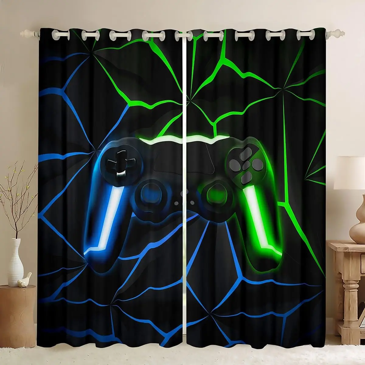 Gaming Curtains Video Game Gamer Blackout Curtains for Living Room,Blue Green Gamepad Curtains & Drapes