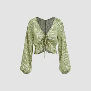 Cider [size 2-10] V-neck Paisley Ruffle Trim Knotted Long Sleeve Blouse