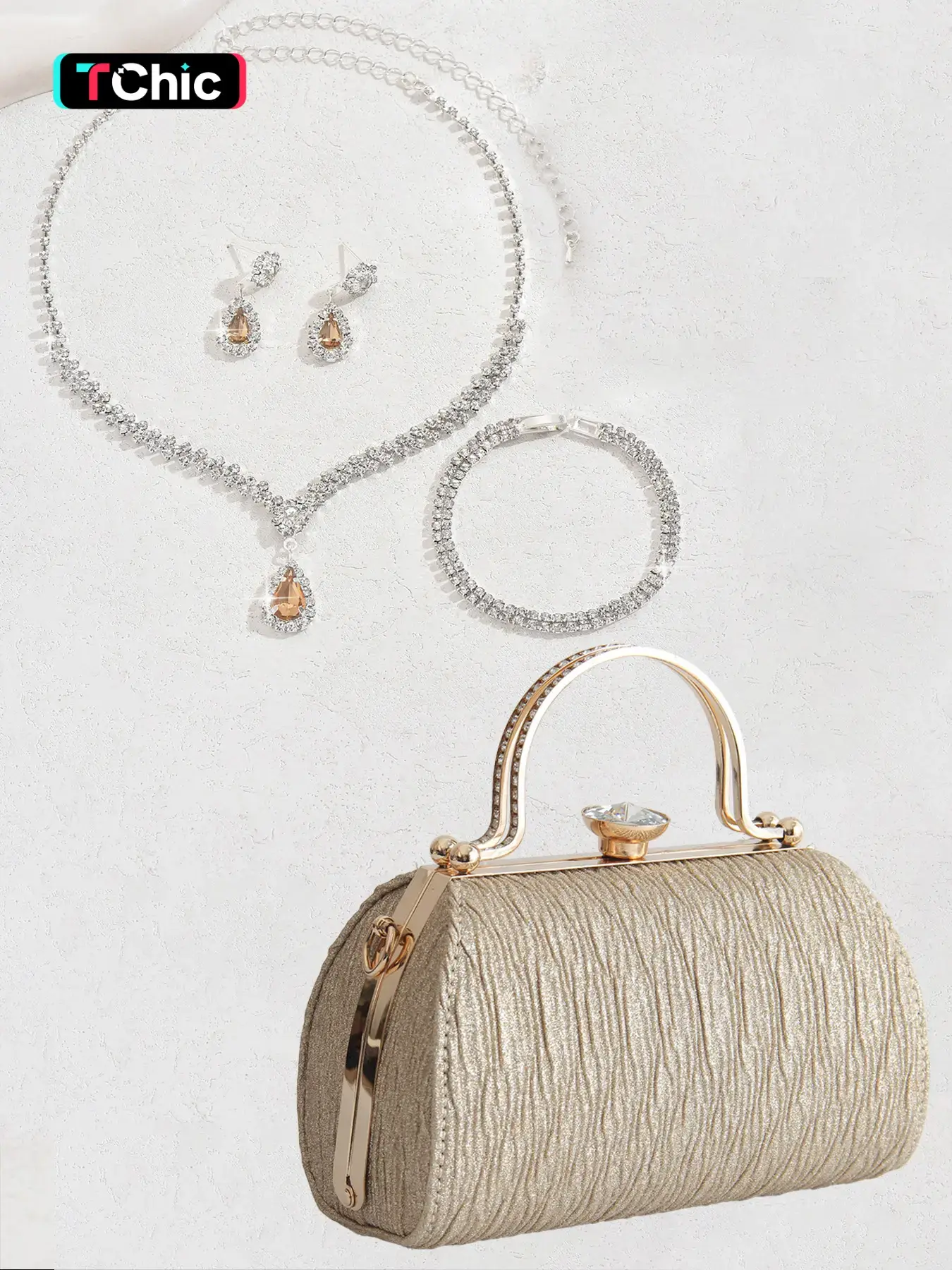 Elegant Solid Color Pleated Ladies Evening Bag Handbag with Rhinestone Embellishment Shoulder Bag Fashion Party Set: Evening Clutch Bag, Rhinestone Earrings, Necklace & Bracelet, Set of 4
