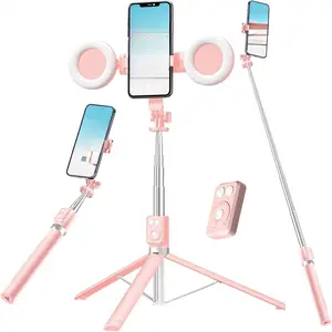 Selfie Stick Tripod with Fill Light, Phone Selfie Stick,Durable Stainless Steel,Bluetooth Remote Control,and Stable Three-Legged Support for Live Broadcasts,Video Shooting (Pink)