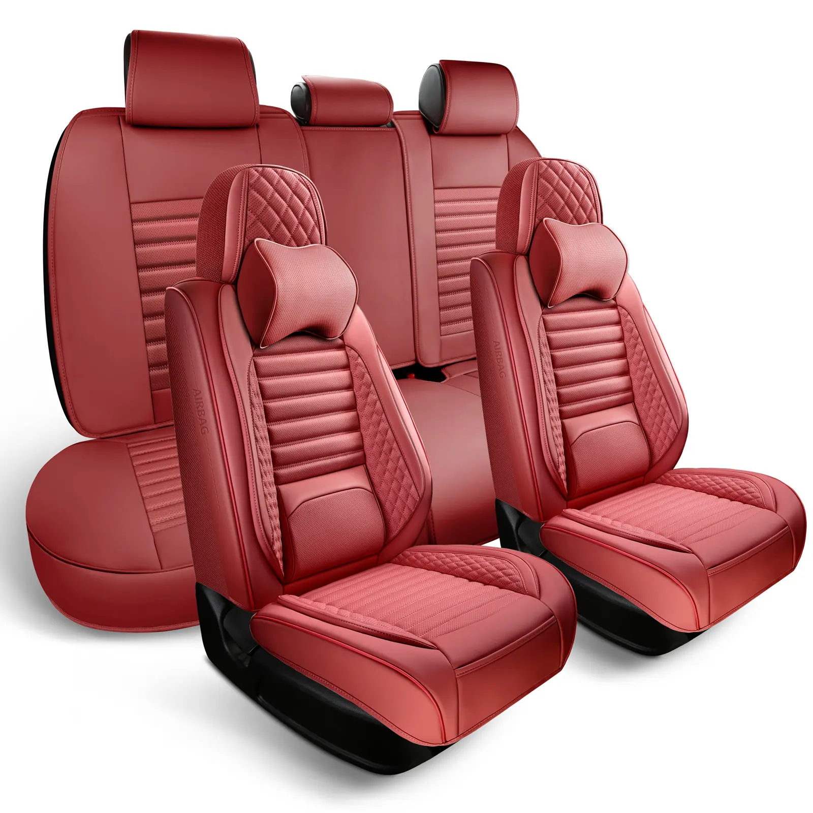 GeeYan Nappa Leather Car Seat Covers with Headrest Pillow, Protecters, Cushion, Lumbar Support, Elastic Backing - Full Coverage for 2/5-Seat SUVs, Pick-ups, Most Vehicles (Wine Red, Pink, Beige, Grey, Black; WENNFOUR 1A)
