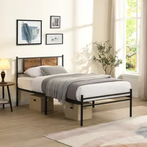 Twin Size Metal Bed Frame with Headboard: Modern Wood Panel Design - Sturdy Steel Structure & Under Bed Storage - Easy Assembly for Home Bedroom，brown