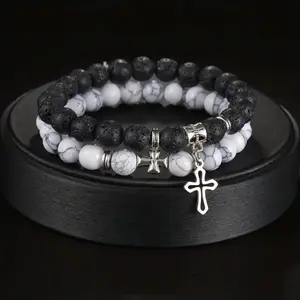Men's Turquoise Stone Couple Bracelet with Cross Pendant - Adjustable Volcanic Lava Rock Bead Wrap Matching Set, Bohemian Style Jewelry Gift for Him & Her