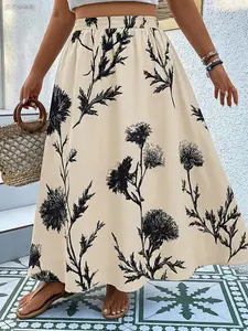 Women's Ethnic Floral A-Line Skirt, Elastic High Waist Long Hem, Loose Fit All over Print, Versatile for Various Occasions