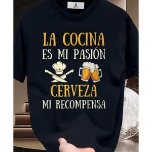 Men's Spanish Graphic T-Shirt Beer Mug & Chef Design Casual Short Sleeve Round Neck Summer Top Machine Washable Regular Fit Breathable Clothing Chef Hat Design Comfortable Fabric - Cotton