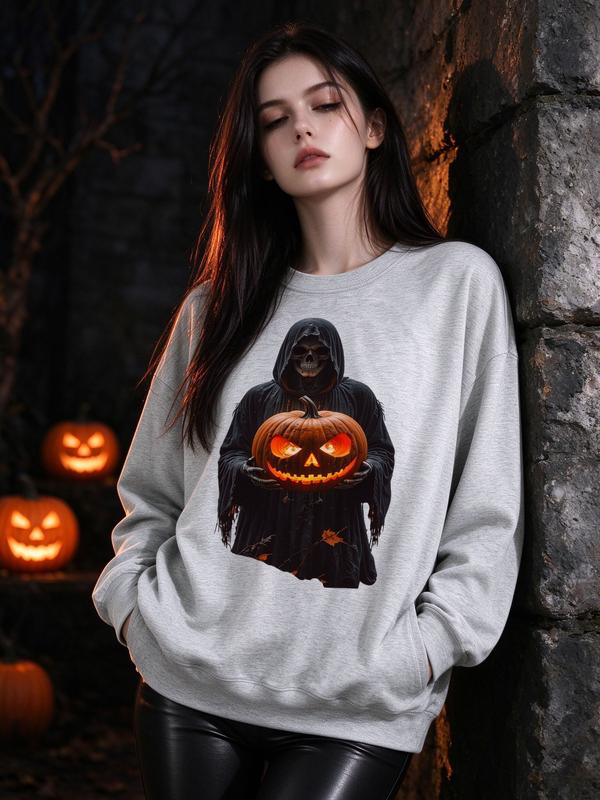 Women's Long Sleeves Comfortable Gothic Grim Reaper Sweatshirt, Spooky Pumpkin Halloween Crewneck, Dark Academia Fall Oversized Alt Aesthetic Casual Top
