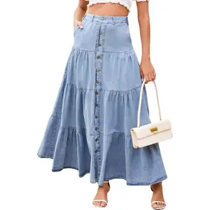Women Western Elastic High Waisted A Line Long Denim Skirt Button Ruffle Tiered Jean Maxi Skirt Patchwork Pocket Y2k