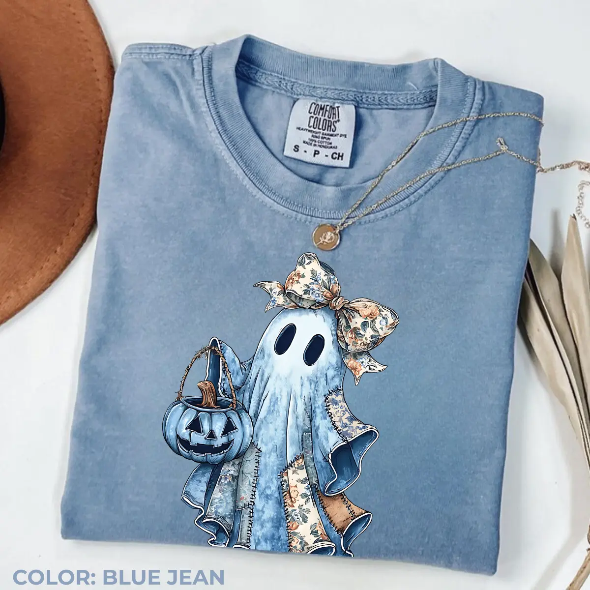 Comfort Colors® Retro Halloween Ghost T-Shirt, Blue Denim Patchwork Boo Graphic Tee, Cute Pumpkin Coquette Shirt, Spooky Season Fall Gift