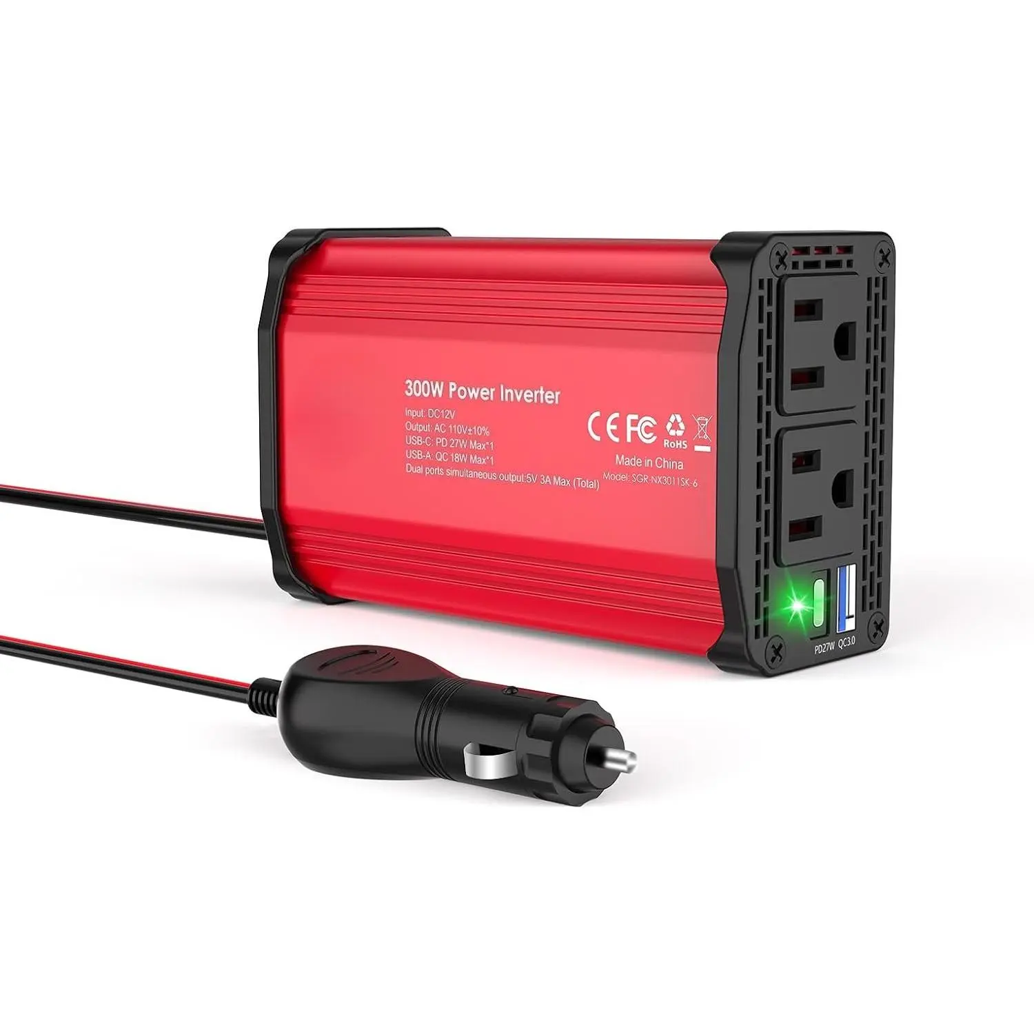 300W Power Car Adapter Extender, Compact 110V AC Inverter with Cigarette Lighter Plug, 27W PD USB-C & 18W USB-A Fast Charging Ports for Camping, Road Trips (Red), Dual Port Charger