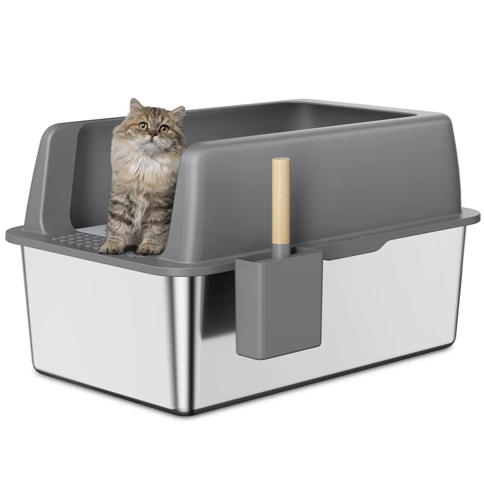 14 Inch High-Side Large Stainless Steel Cat Litter Box Non Stick Litter Box with a Hood Pet Supplies Odor Free Litter Box Cat Toilet Litter Pan