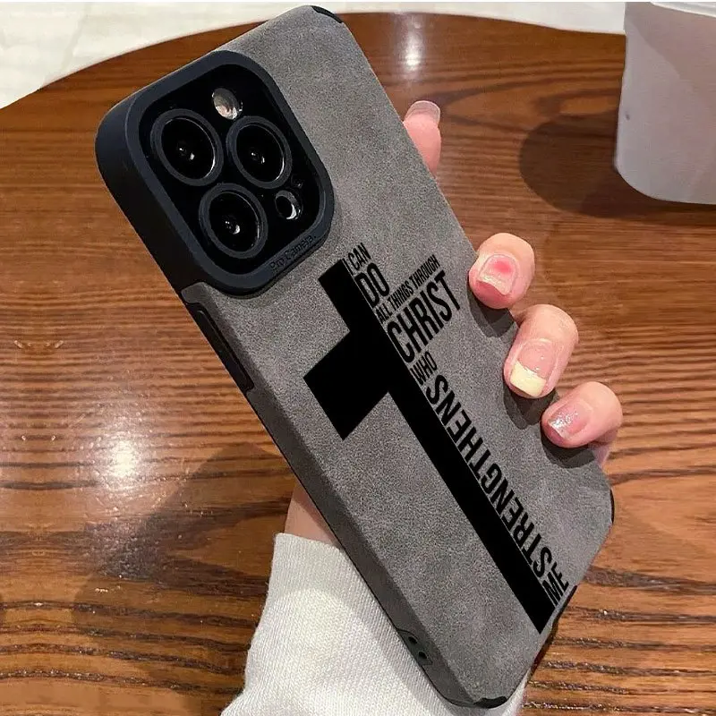 Cross text inspirational style phone case in suede, full coverage drop-proof and anti-fall protective case, compatible with iPhone 17/16/15/14/13/12/11/X/XS/XSMAX, gifts, personalized, business, holiday gifts for friends, family, and yourself, Accessories