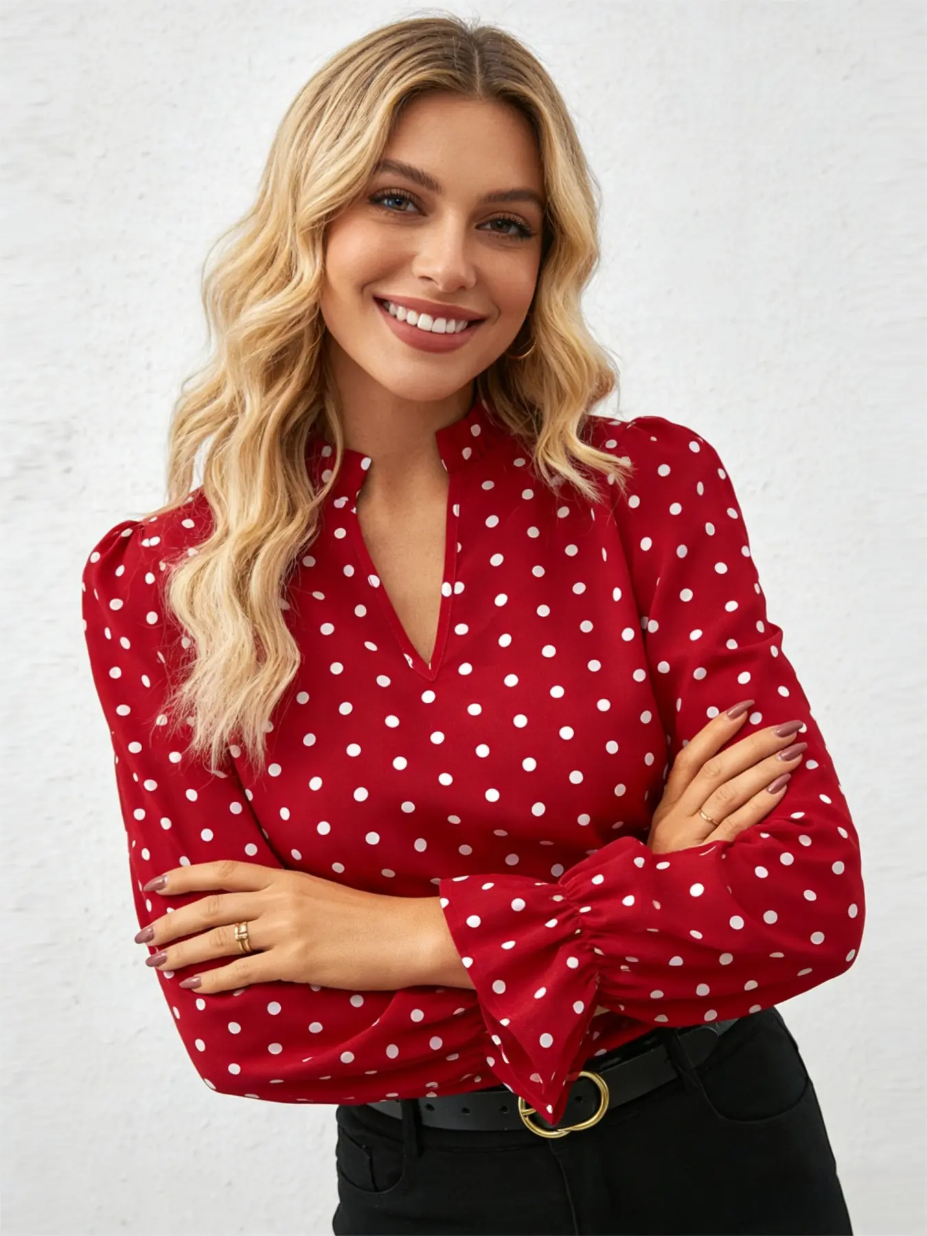 A women's stand-up collar small V-port design neckline wooden ear decoration red polka dot stand-up collar long sleeve trumpet sleeve shirt Casual Blouse,suitable for retro commuter style, dating style and other styles