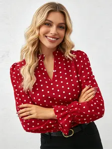 A women's stand-up collar small V-port design neckline wooden ear decoration red polka dot stand-up collar long sleeve trumpet sleeve shirt,suitable for retro commuter style, dating style and other styles