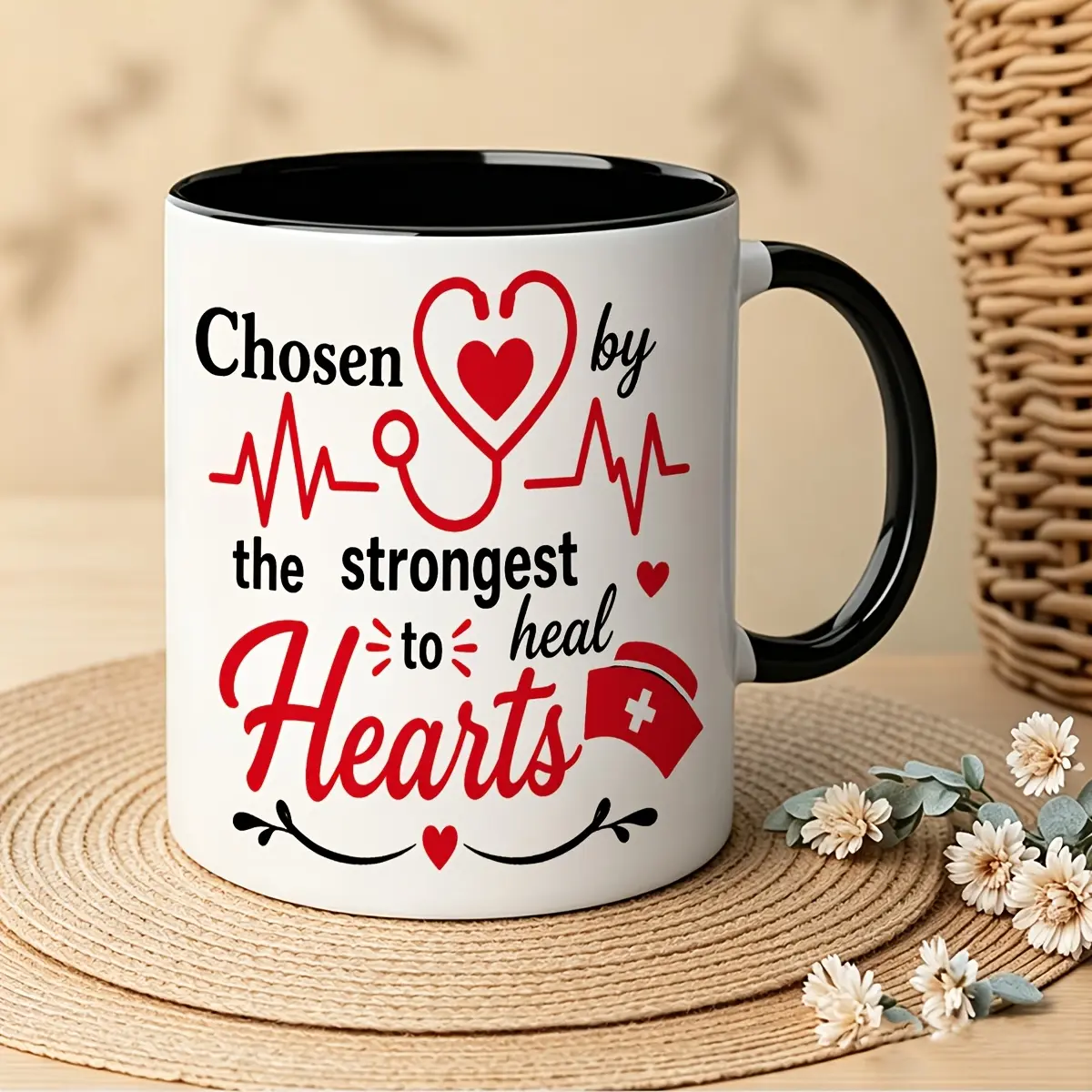Ceramic Nurse Coffee Mug - Chosen By The Strongest To Heal Hearts, Stethoscope & Heartbeat Heat-Transfer Print, Bedroom Bedside Cup, Mother’s Day Gift Ideas