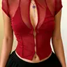 Sexy Mesh Waist-Cinching Cropped Top, Gothic Style Statement Hollow Out Hook & Eye Closure T-Shirt, Short Sleeve, Fashion Summer Wear for Parties