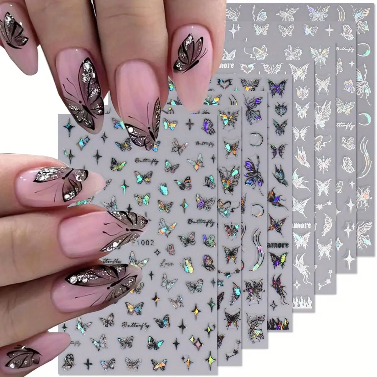 8 Sheets 3D Self-Adhesive Holographic Laser Butterfly Nail Stickers, Multicolor Geometric Design, Easy Apply & Remove, DIY Manicure, Nail Art Stickers, DIY Nails