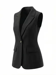 Classic Elegant Chic Sleeveless Blazer Jacket, Slim Fit Notched Lapel Vest Set, Womenswear, Suitable for Business Casual, Work, Formal Occasions, Office Wear