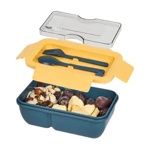 Restaurantware Bento Tek 28.7 Ounce Bento Box, 1 Reusable Lunch Container - With Fork And Spoon, Does Not Contain BPA, Blue And Yellow Plastic Reusable Lunch Box, Microwavable, Dishwashable