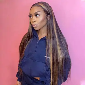 Alibonnie Piano Honey Blonde Highlights Brazilian 4x4 Lace Straight 100% Human Hair Wigs
