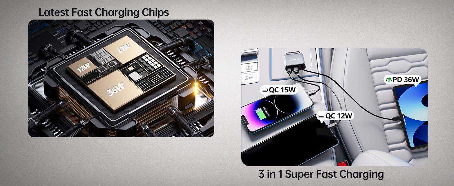 Flexino Ultra-Slim Retractable Car Charger for iPhone 16 63W Fast Charging USB C Adapter with 2.6ft Cord Compatible with iPhone 17 15 Series Galaxy Pixel Grey Port