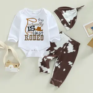 Western Newborn Baby Boys Cowboy Outfits Cow Print Letter Bodysuit+Long Leggings+Cap 3pcs Infant Boy Country Clothes Casual Gift Set