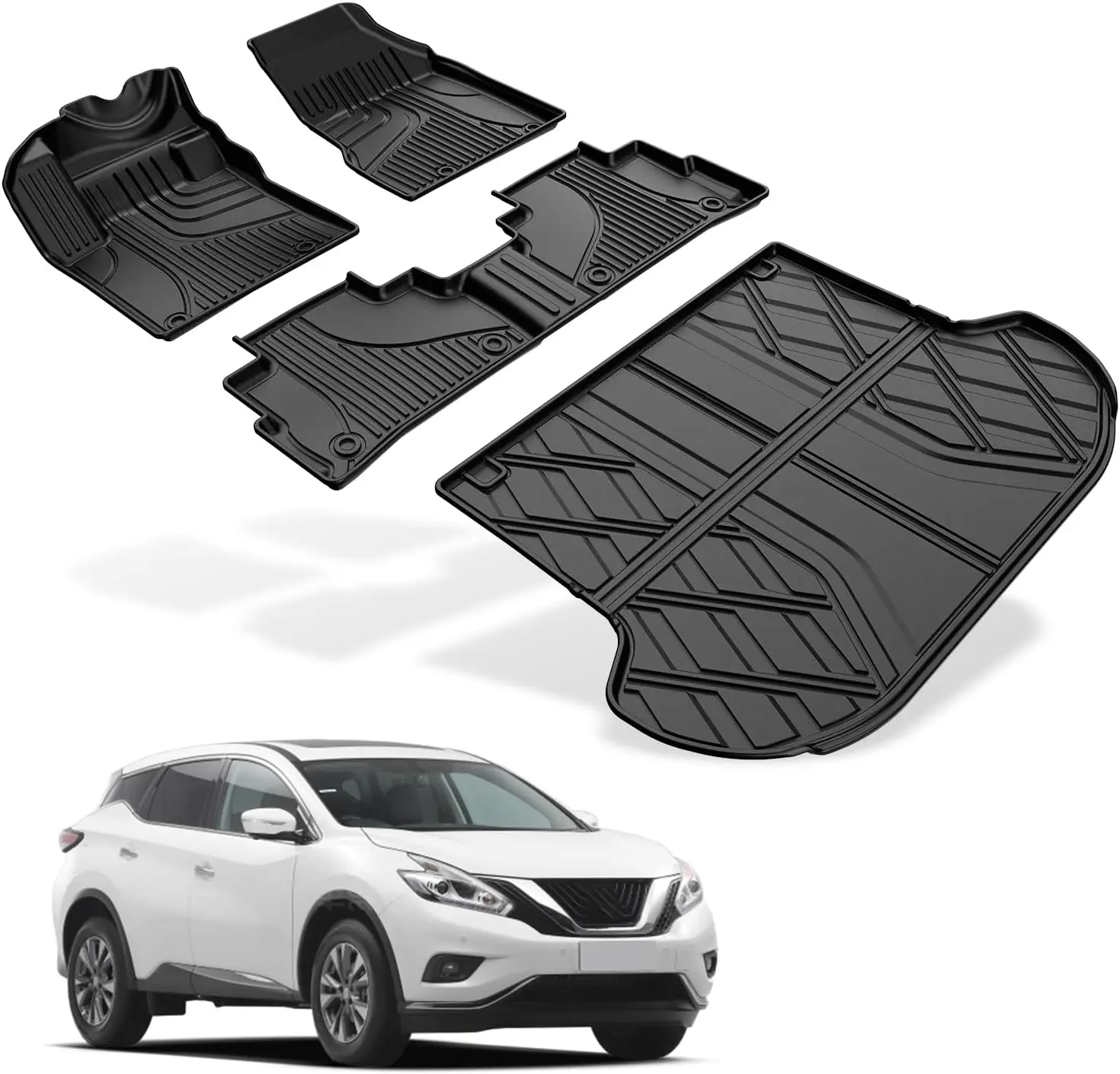 AOMSAZTO 4Pcs TPE Rubber Car Floor Mats & Cargo Liners Trunk Set - 3D Laser Scanning Technology Full Fit for 2019-2024 Nissan Murano (1st & 2nd Row), All Weather Black Durable Material Anti-Slip Easy-to-Clean Eco-Friendly Car Interior Accessory for Women,