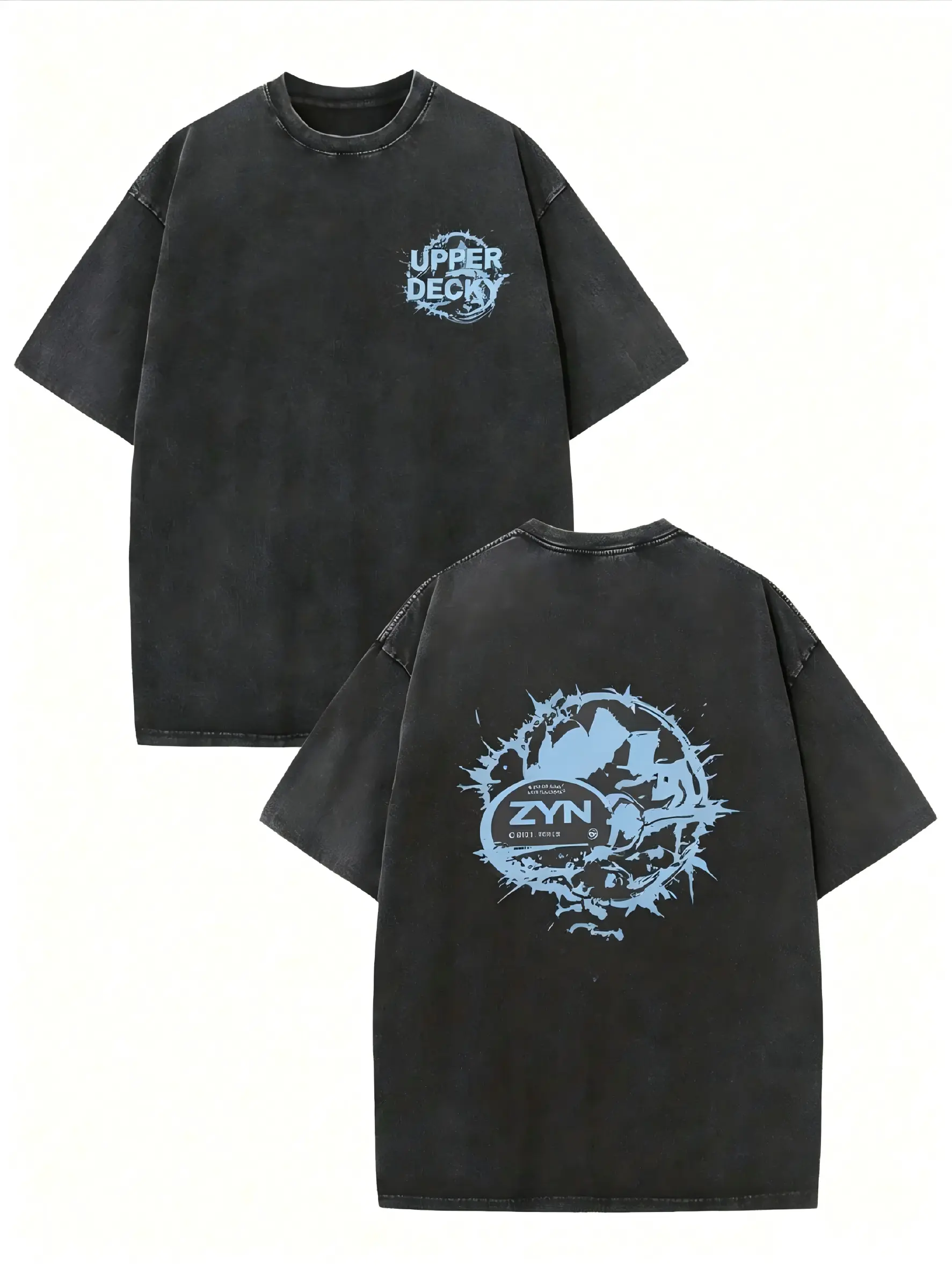 Washed Black Oversized Streetwear T-Shirt, Blue 'UPPER DECKY' Chest Print, Back 'ZYN' Graphic Design, Casual Short Sleeve Top for Men, Trendy Fashion Casual Tee