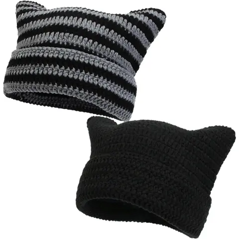 Women's Soft Knitted Beanie Hats - Acrylic Slouchy Lazy Hats for Adults, Warm Winter Outdoor Accessories, Cat & Fox Themed, Skin-Friendly, One Size, Birthday Gift Option