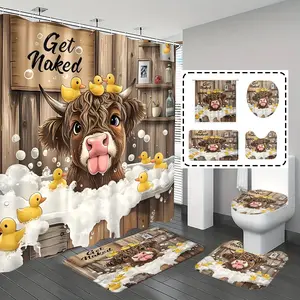 [Popular Choice]1pc/4pcs, bathroom curtains shower, bathroom set, shower curtains, bathroom decor,bathroom rug, Home Decoration, bathroom mat, Little Yellow Duck and Calf Pattern, Cartoon Theme Decoration, Bathroom Set, with 12 hooks, Shower Curtain Sets