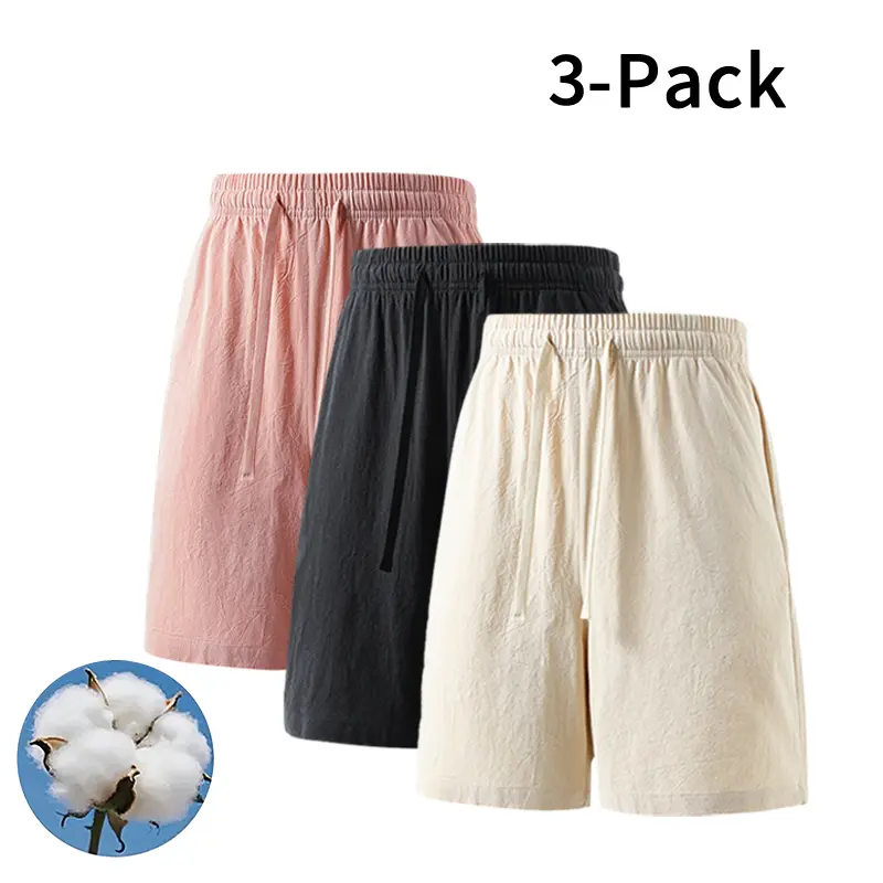 Men's 3-Pack Cotton-Linen Blend Baggy Loose-Fit Drawstring Shorts - Chic Bottoms for Everyday Wear, Beach Use, Soft All-Day Comfort