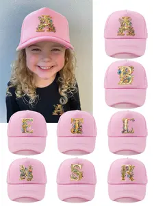1pc of kid's Gorgeous Golden Flower 26 Letter Pink Fashion Trucker Hat, Sun-protective, Breathable, and Versatile, Suitable for Youngsters Aged 5-8 to Wear for Daily Outings and Outdoor Travel in Spring and Summer